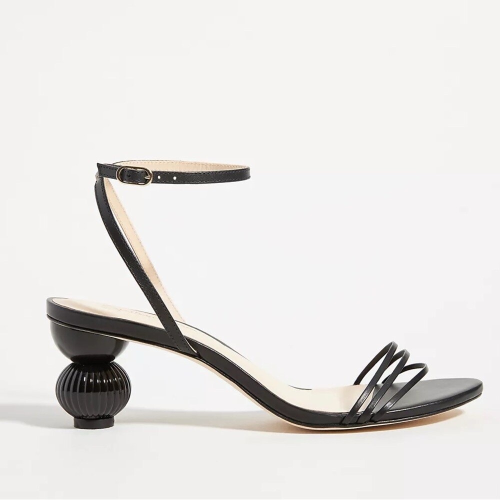 Anthropologie Guilhermina Sculptural Black Leather Heeled Sandals in Black 10 M
